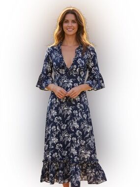 Lido Navy Floral bird V-Neck Ruffle maxi Dress size medium